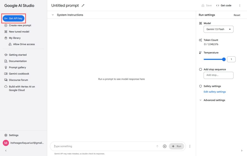 Nút Get API key trong Google AI Studio