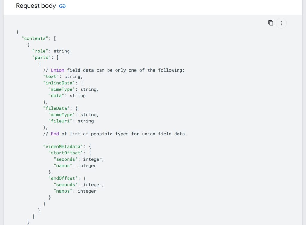 Tài liệu về phần body yêu cầu từ Google cho Gemini API