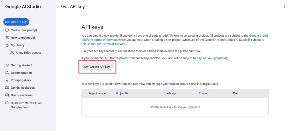 Nút Create API key trong Google AI Studio