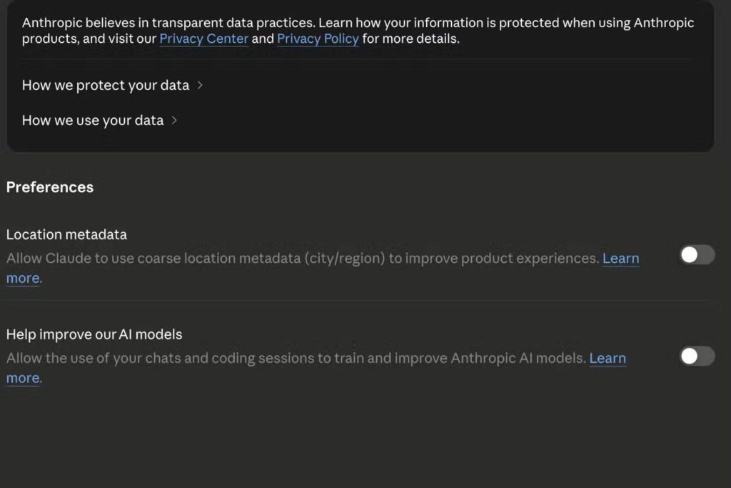 Tính năng Help improve our AI models đã bị tắt trên Claude