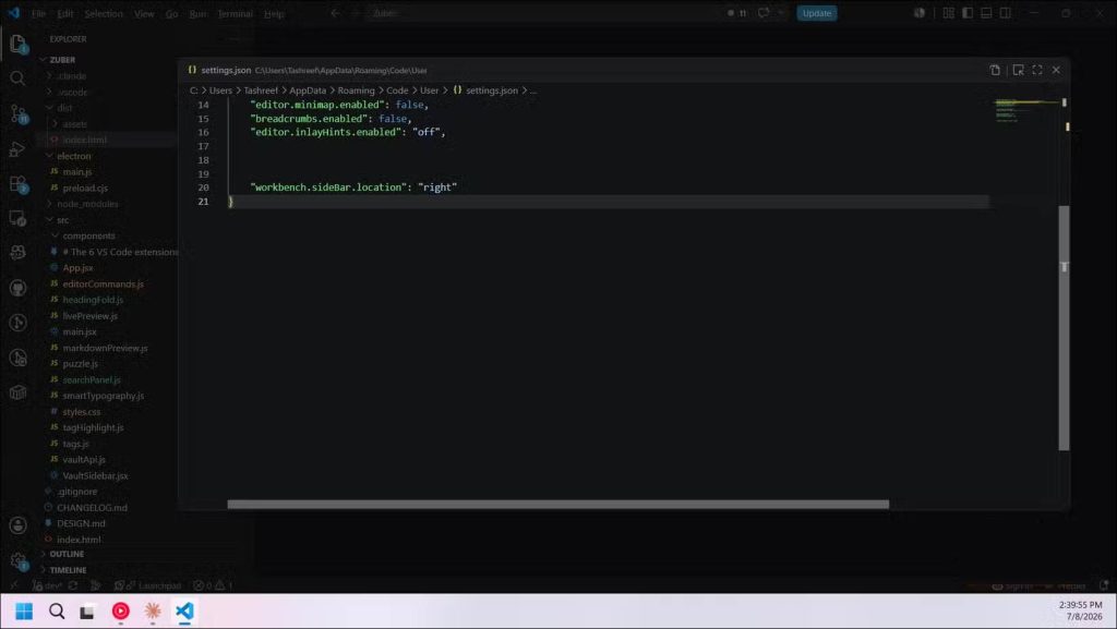 Thiết lập vị trí thanh bên bên phải trong VS Code
