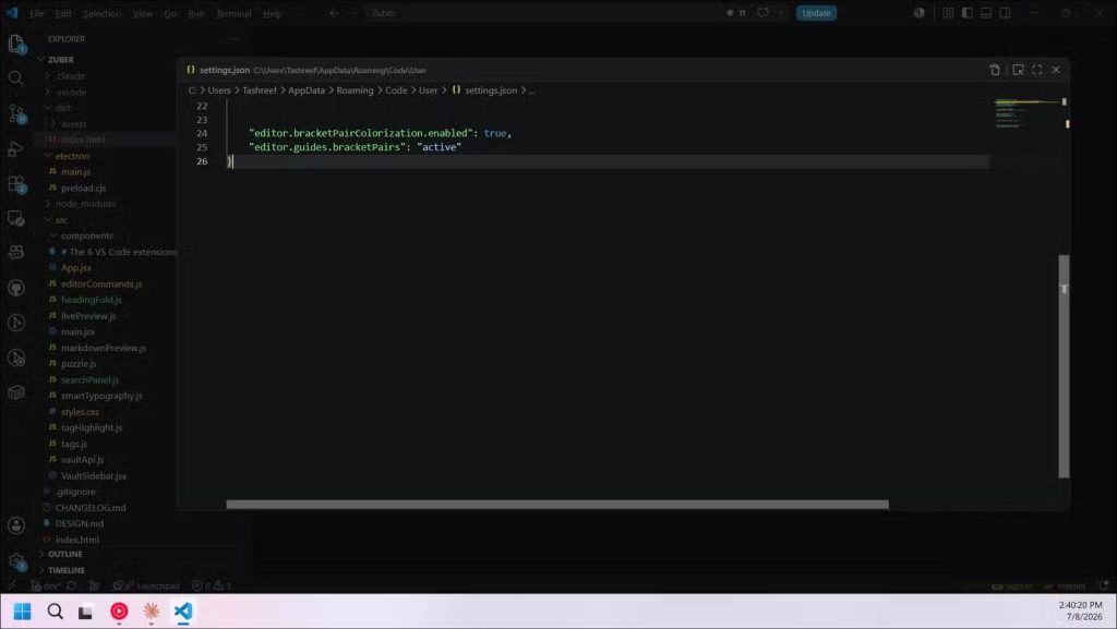 Cài đặt tô màu cặp ngoặc trong VS Code