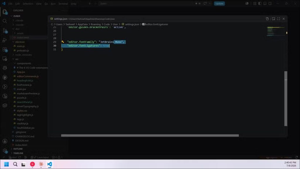 Cài đặt ghép ký tự phông chữ JetBrains Mono trong VS Code