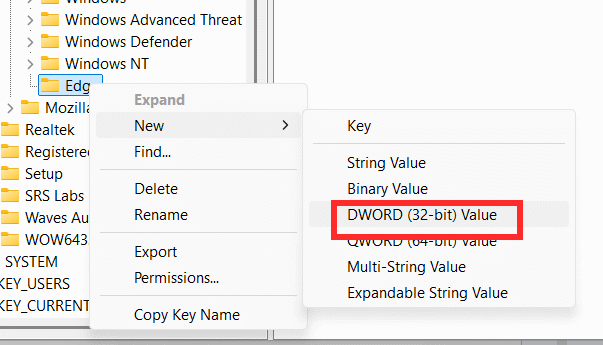 Tạo giá trị DWORD (32-bit) Value trong khóa Edge