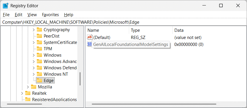 Giá trị GenAILocalFoundationalModelSettings trong khóa Edge