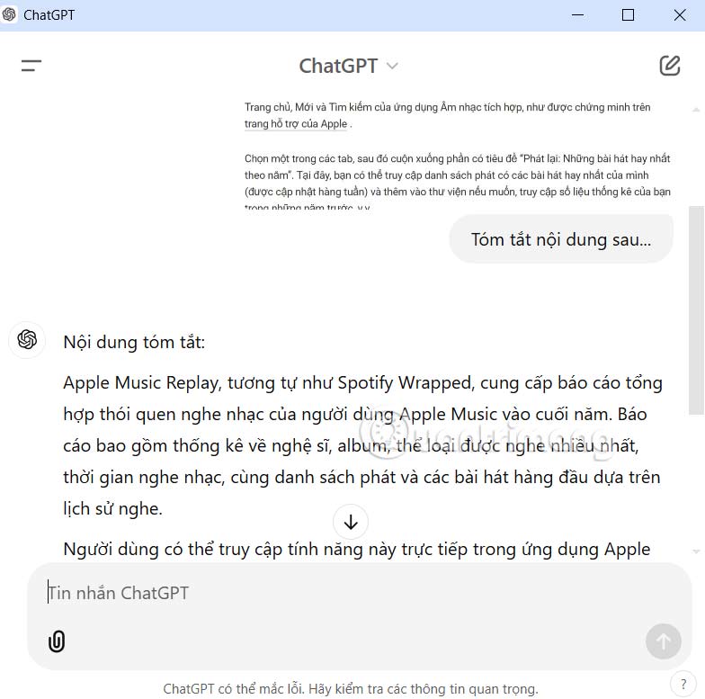 Nội dung tóm tắt ảnh chụp màn hình ChatGPT