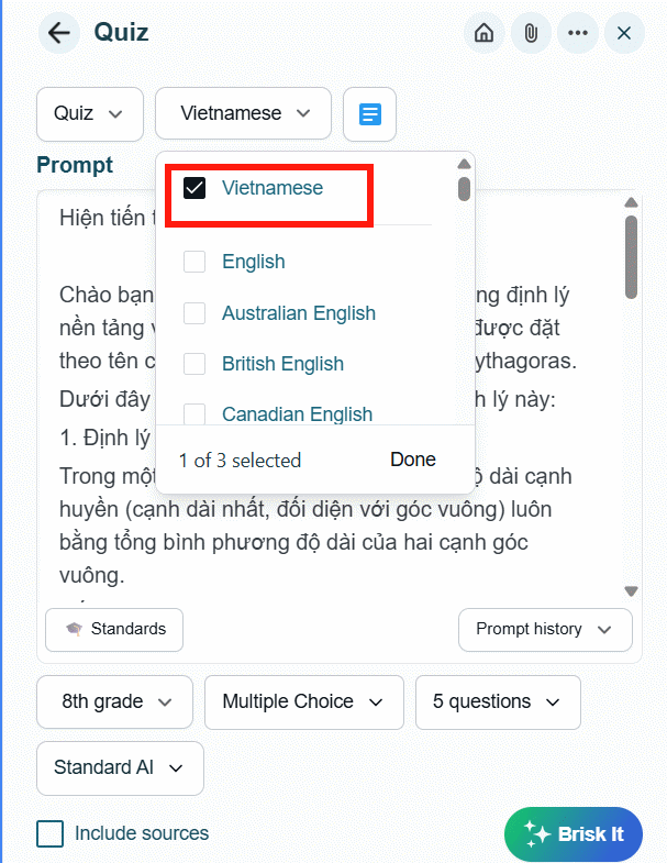 Chọn tiếng Việt cho câu trả lời sang Quiz trên Gemini