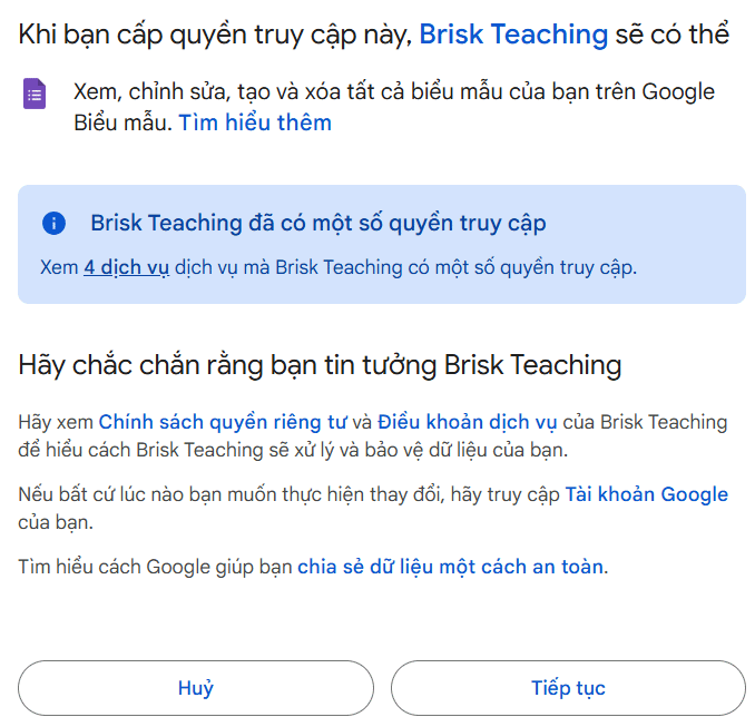 Yêu cầu truy cập từ Brisk