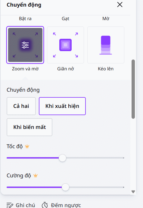 Chọn kiểu chuyển động trên Canva 