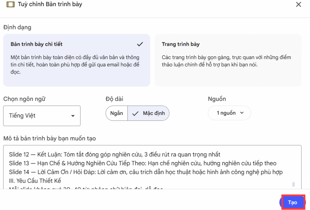 Promp tạo slide trên NotebooLM