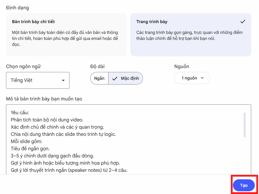 Yêu cầu tạo slide từ video trên NotebookLM