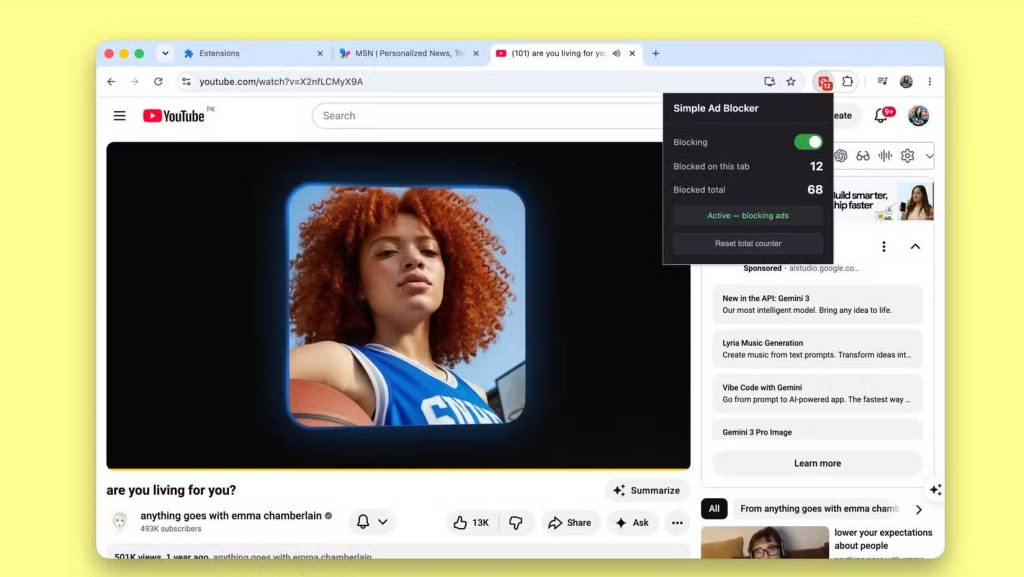Video YouTube với cửa sổ pop-up của Simple Ad Blocker trên thanh bên Gemini, tổng cộng 68 quảng cáo bị chặn