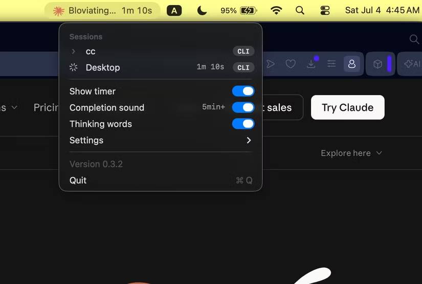 Menu drop-down hiển thị phiên Desktop lúc 1 phút 10 giây với cửa sổ cc thu gọn