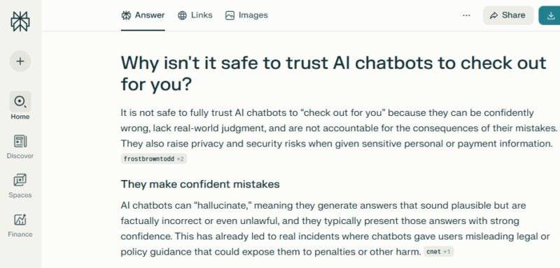 Câu trả lời của Perplexity về lý do tại sao bạn không nên tin tưởng chatbot AI để thanh toán thay bạn.