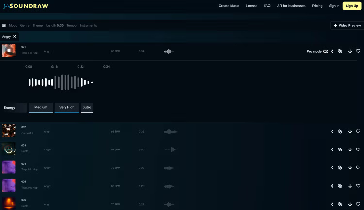 Chế độ so sánh trong trình tạo nhạc AI Soundraw với nhiều đoạn nhạc đã được tạo