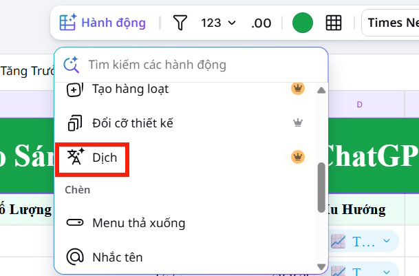 Dịch bảng dữ liệu Canva Sheets