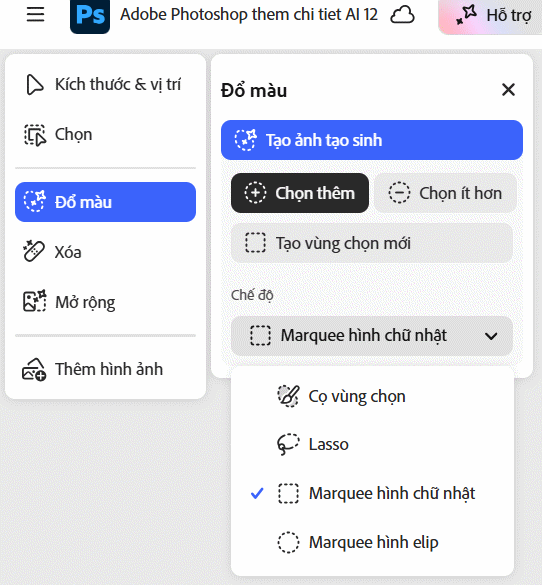 Đổi kiểu khoanh vùng ảnh trên Photoshop online