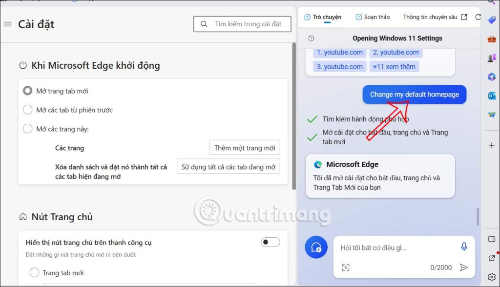 Mở thiết lập trang nhà trên Microsoft Edge qua Copilot
