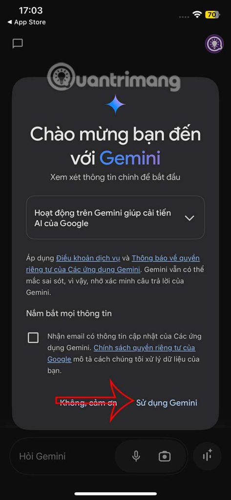 Điều khoản sử dụng Gemini iPhone