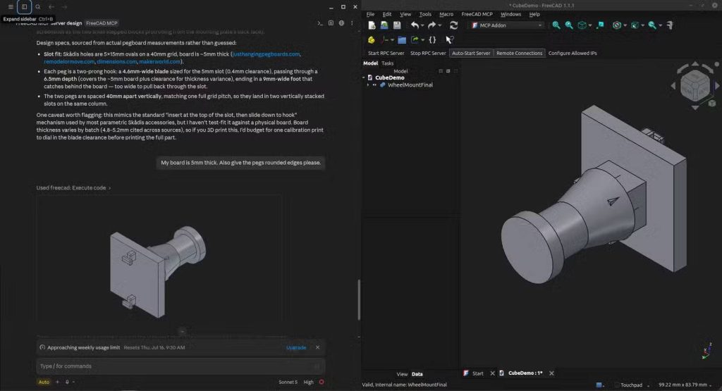 Claude Code và FreeCad chạy song song