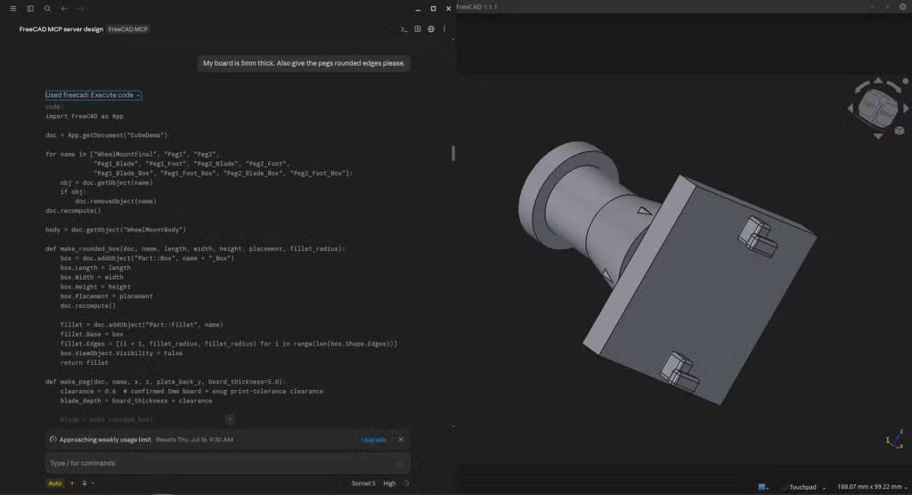 Claude sử dụng code Python để điều khiển API của FreeCAD