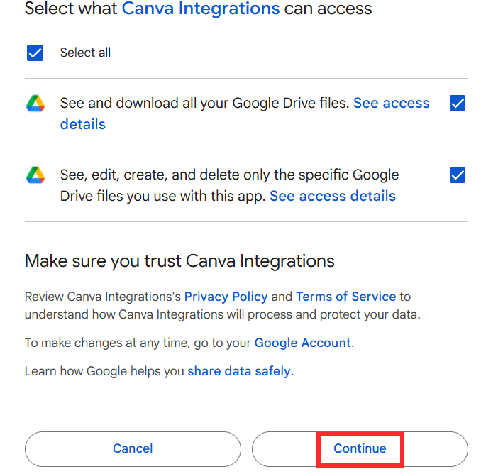 Điều khoản Google Drive kết nối với Canva AI