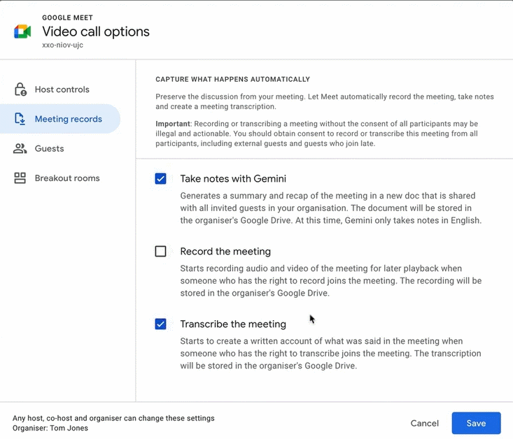 Bật ghi chú cuộc họp Gemini trên Google Meet