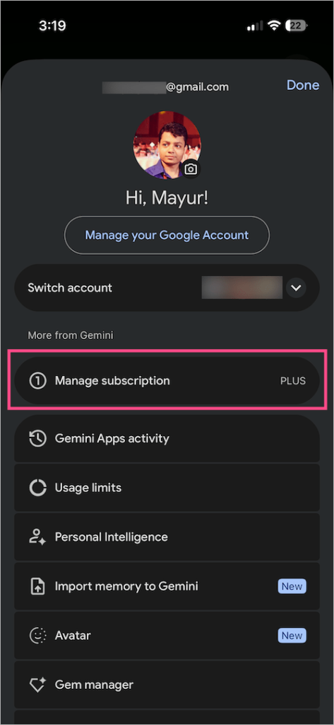 Manage subscription trên ứng dụng Gemini