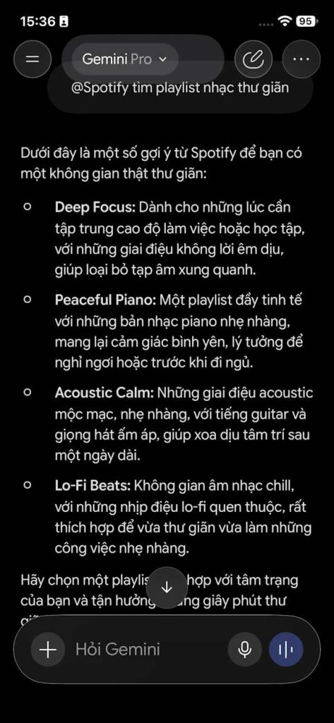 Tìm kiếm thông tin Spotify trên Gemini