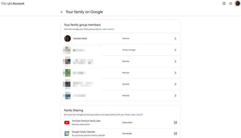 Trang Google One hiển thị các thành viên trong gia đình