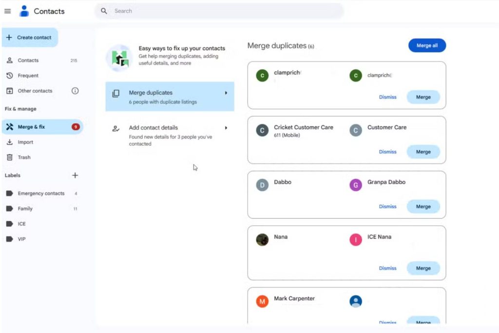 Các mục trùng lặp trong Google Contacts