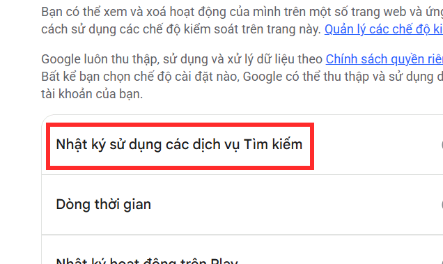 Nhật ký sử dụng các dịch vụ Tìm kiếm