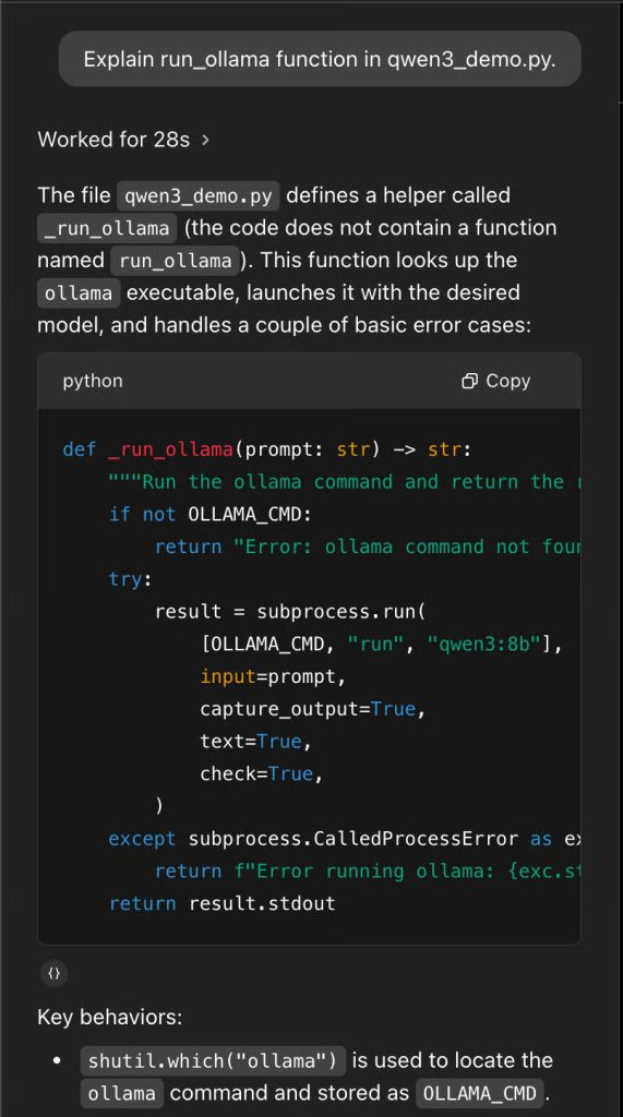 Giải thích một hàm trong cơ sở code bằng Codex của OpenAI