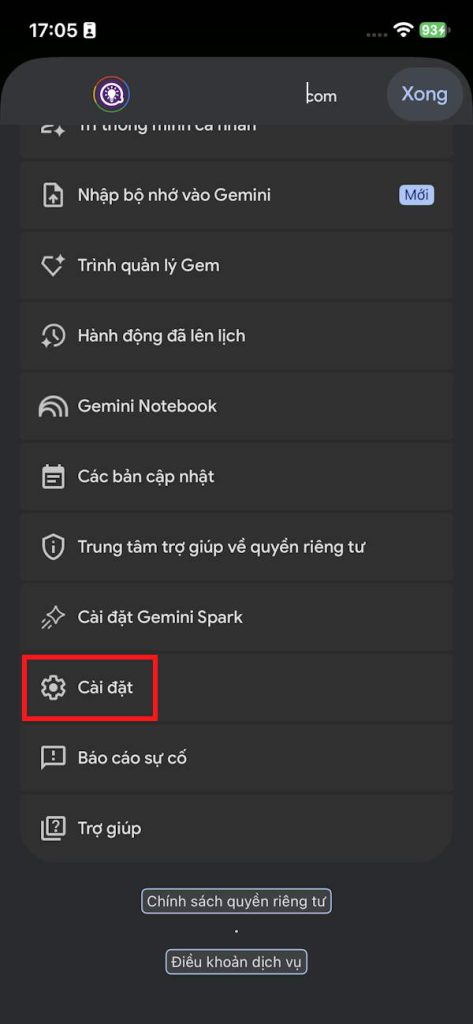 Cài đặt trên Gemini điện thoại