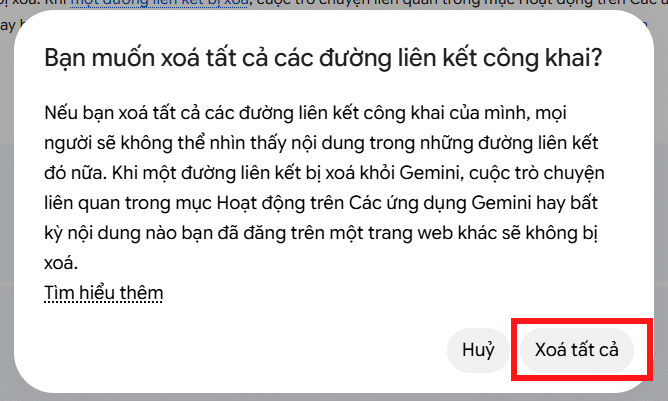 Xác nhận xóa tất cả liên kết chia sẻ trên Gemini