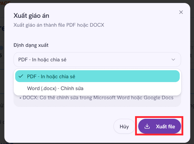 Chọn định dạng file tải giáo án trên AutoExam.ai