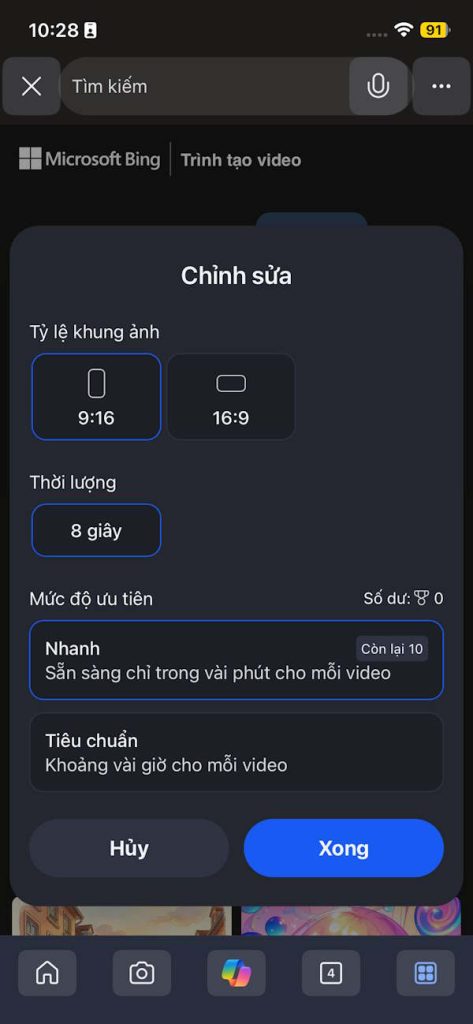 Chế độ tạo video AI trên Bing 