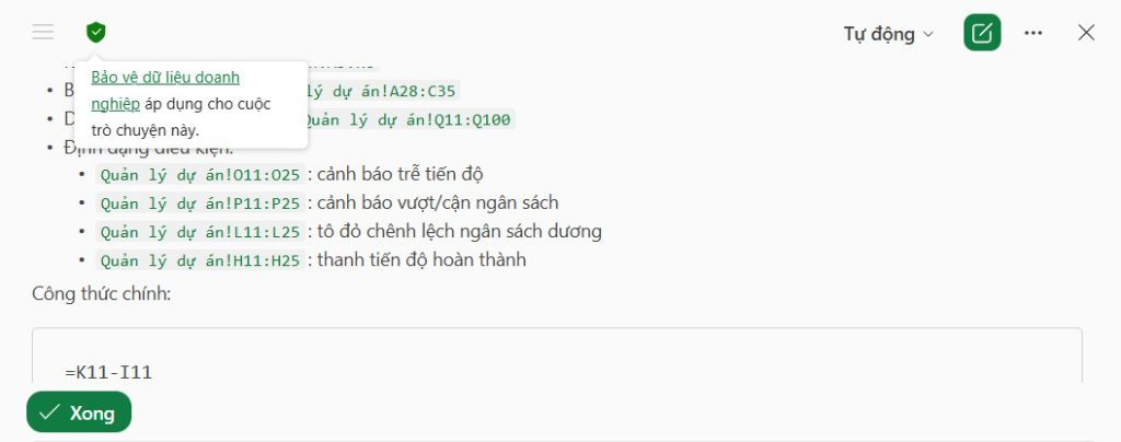 Thông tin xây dựng bảng dữ liệu bằng Copilot trên Excel