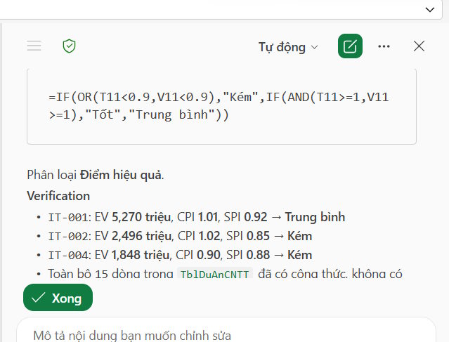 Công thức dùng cho cột cột dữ liệu bằng Copilot trên Excel