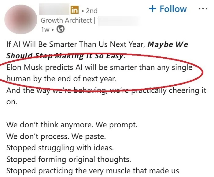 Một bài đăng trên LinkedIn ca ngợi việc sử dụng AI trong viết lách và so sánh nó với công việc của con người