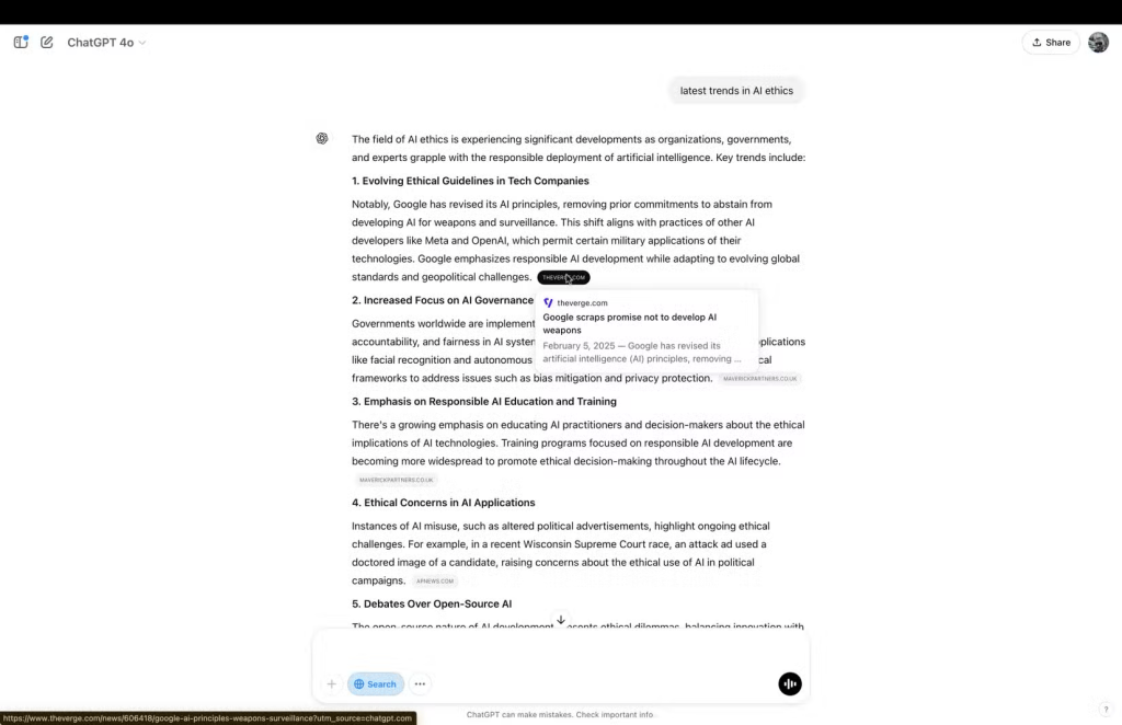 Kết quả tìm kiếm trên web của ChatGPT cho thấy cách nền tảng này cung cấp trích dẫn
