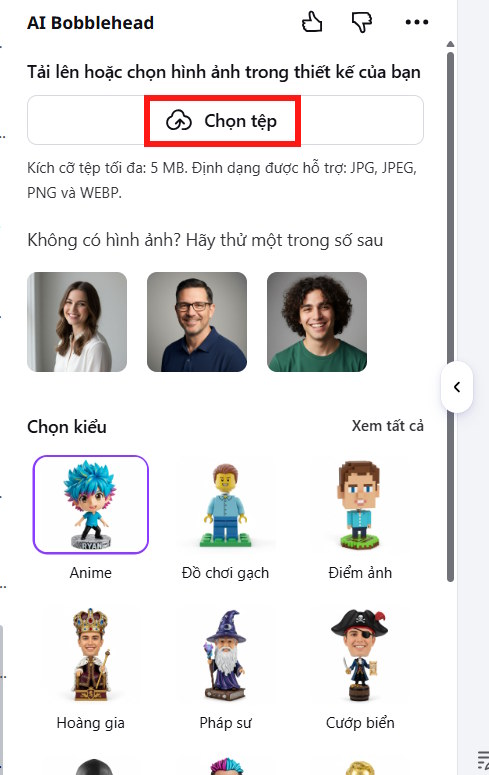 Tải ảnh chân dung lên AI Bobblehead trên Canva