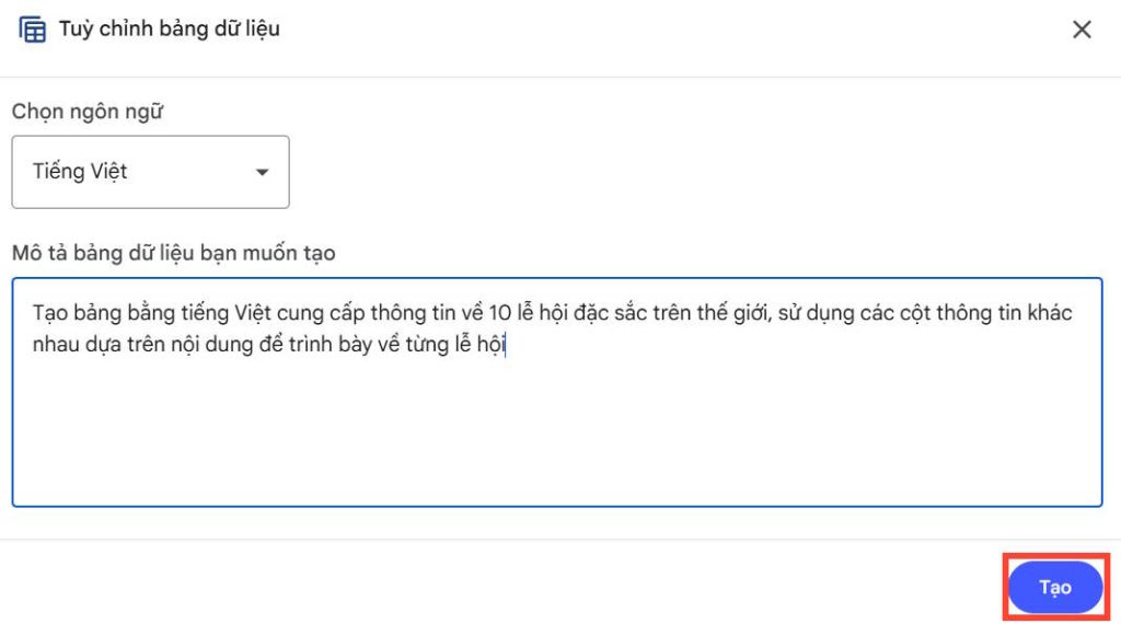 Lệnh tạo bảng trên NotebookLM