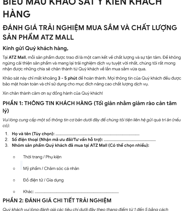 Nội dung khảo sát trên Google Docs
