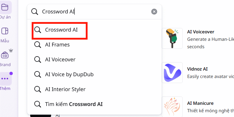 Tìm ứng dụng Crossword AI trên Canva AI