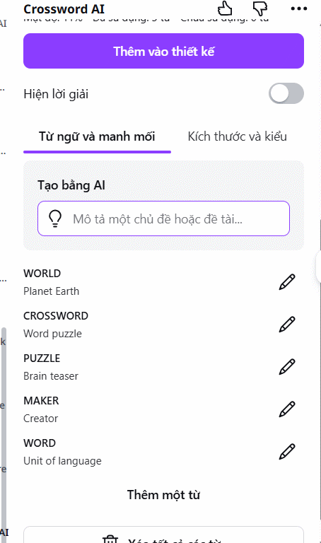 Xóa từ có sẵn trong Crossword AI trên Canva AI