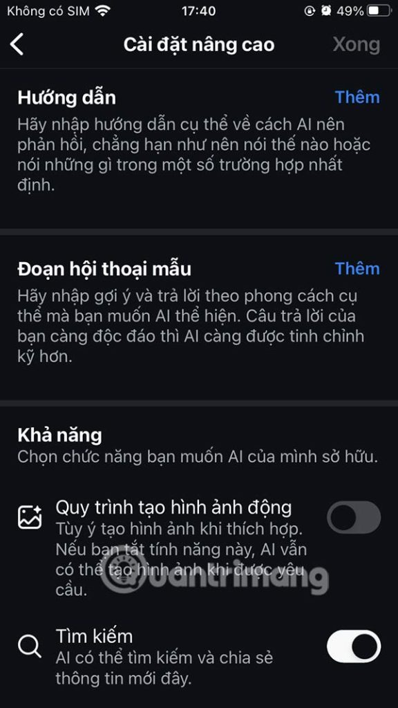 Chỉnh cài đặt nhân vật AI