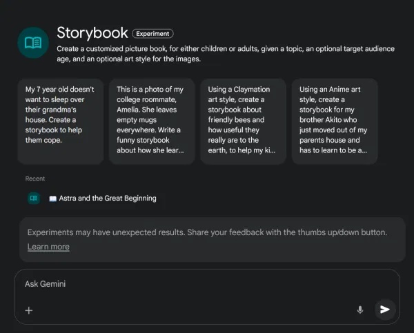 Trang Storybook Experiment trong Gemini hiển thị các gợi ý về cách sử dụng tính năng này.