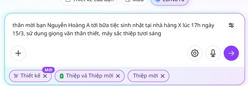 Nhập lệnh tạo thiệp trên Canva AI