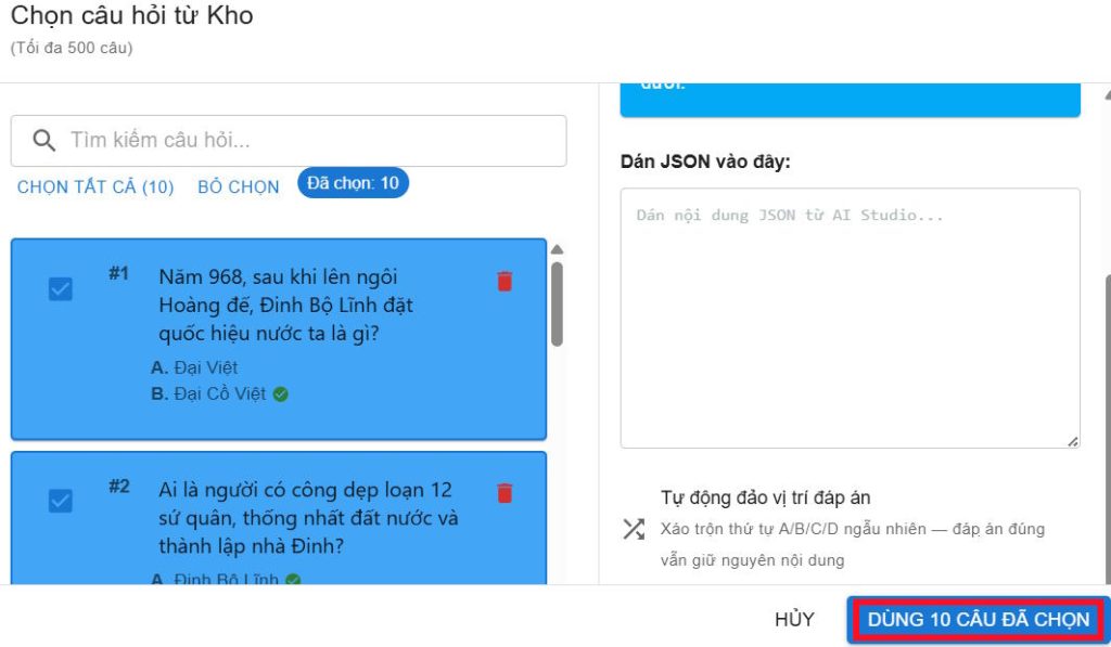 Chọn tất cả câu hỏi làm trò chơi nghiêng đầu